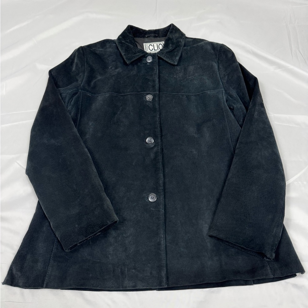 Clio Women’s Black Leather Jacket Size 8 Button Front Minimalist Vintage 90s